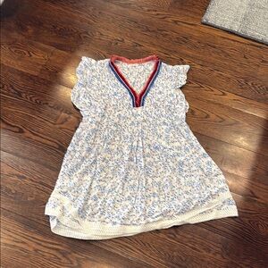 Poupette St. Barth White Floral Mini Dress with Blue Print and Red Trim
